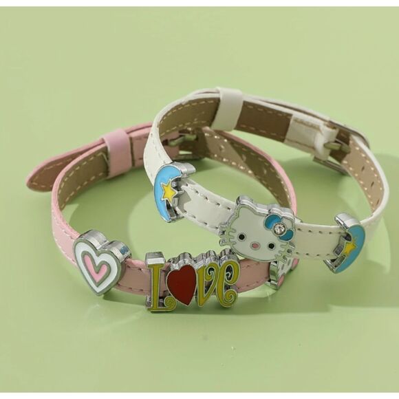 Pink Faux Leather Buckle Bracelet with 3 Slide Charms Hello Kitty & Heart & LOVE - Picture 4 of 8